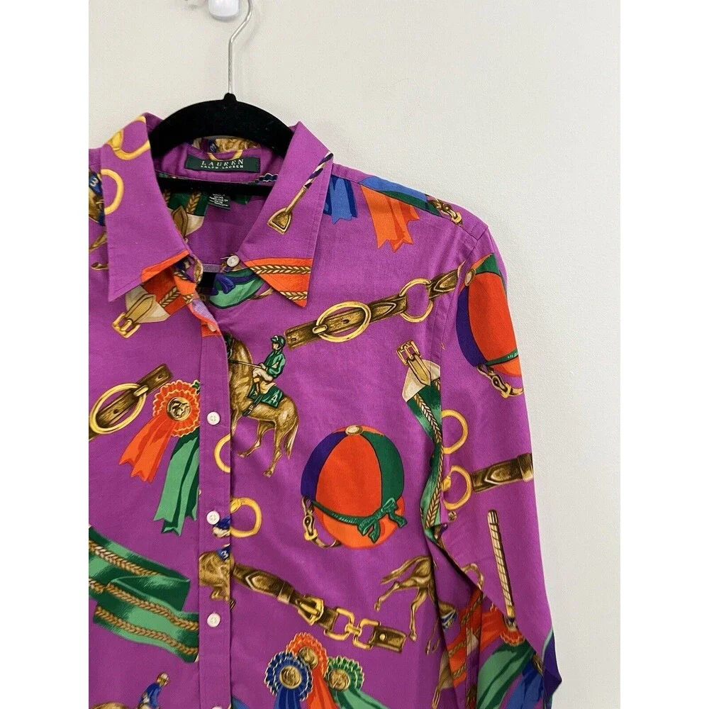 RALPH LAUREN Womens SHIRT Top Purple Equestrian Polo Horse Chain L - Picture 4 of 7